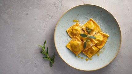 Minimalist Studio Shot of Pumpkin Ravioli on Plate with Herbs