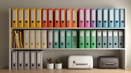Organized Office Shelf with Color Coded Binders and Modern Accessories