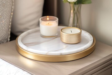 A round marble tray with gold accents resting on surface.