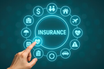 Human hand interacting with a digital graphic interface, pointing at a glowing heart icon within a circle of insurance-related symbols, showcasing concepts of health protection and financial security