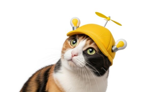 cat wearing a thinking cap, creative thinking, idea generating, on a solid white background