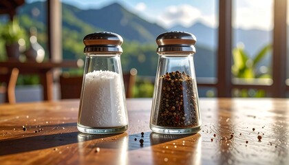 Salt and pepper shakers on a wooden table with a scenic mountain view background, bathed in sunlight. Focused on textures and details