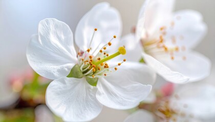 Fototapeta premium Close Up of Blooming White Blossom with Yellow Stamen and Dew Drops in Bright Daylight