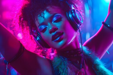 A girl in vibrant neon makeup and large futuristic headphones, dancing merrily in a dark room illuminated by neon lights. Fluorescent pink, blue and purple tones reflect her face and outfit