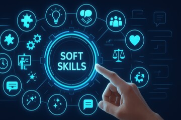 Fototapeta premium Depiction illustrates a glowing digital interface highlighting the concept of soft skills, with various icons representing different related attributes, along with a human finger pointing towards