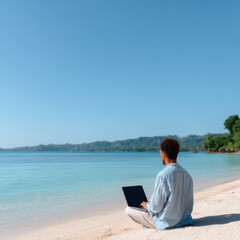 Fototapeta premium Calm man, digital nomad working on laptop at beautiful tropical beach. focused freelancer enjoys peaceful remote work with stunning ocean view and copy space