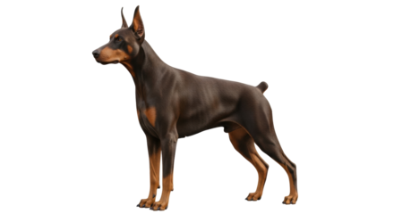 Isolated Doberman Pinscher in profile with cropped tail and cropped ears stands alert