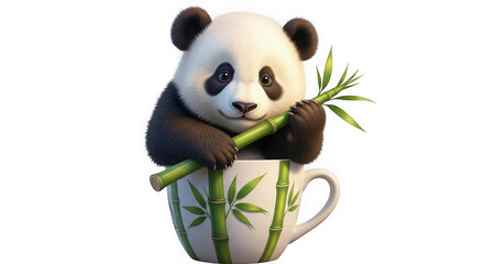 A baby panda in a teacup holding bamboo, isolated on transparent background