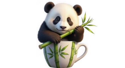 A baby panda in a teacup holding bamboo, isolated on transparent background