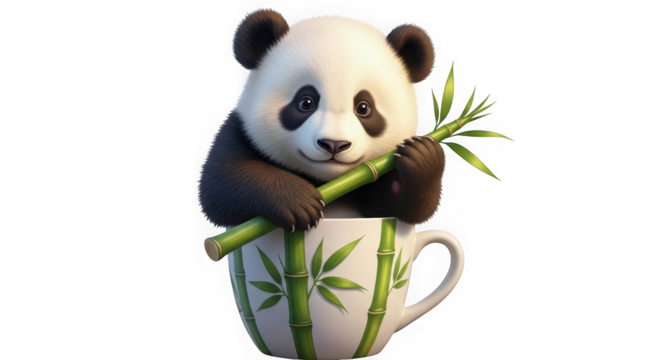A baby panda in a teacup holding bamboo, isolated on transparent background - Powered by Adobe