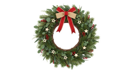 Isolated Holiday wreath decoration with bow, green leaves, and red berries for festive theme