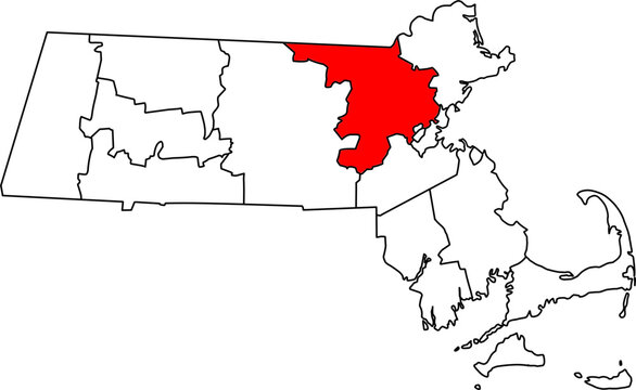 Detailed vector map of Massachusetts highlighting Middlesex County, the most populous and economically vital region in the Greater Boston area.

