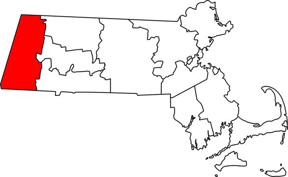 Detailed vector map of Massachusetts highlighting Berkshire County, the westernmost region known for its mountains, culture, and tourism.

