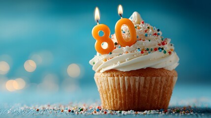 Festive birthday cupcake has white frosting and colorful sprinkles. It's topped with two glowing orange candles forming the number 80 on a blue background.