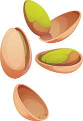 Cartoon raw ripe pistachio nuts with green kernels and cracked brown shells. Vector exotic seeds, healthy snack and organic ingredient for diet, vegan food and tropical plant seeds cooking process
