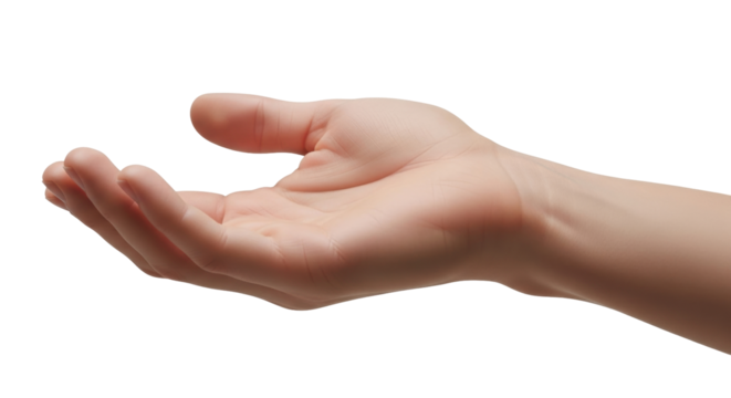 Isolated hand offering something. Empty hand reaching up with a hopeful expression, open palm