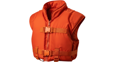 Isolated orange personal flotation device with buckled straps for boating and swimming safety