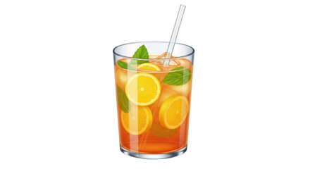 Isolated refreshing lemon iced tea, cold summer beverage with straw and mint leaves