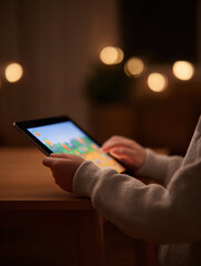 Engaged child holding tablet at night, small hand using screen for learning. Indoor fun with modern technology in cozy room with warm light, focused on device