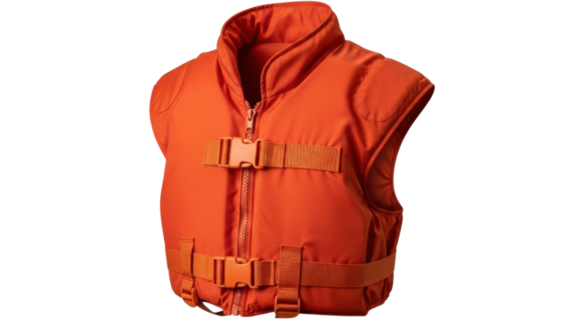 Isolated orange personal flotation device with buckled straps for boating and swimming safety