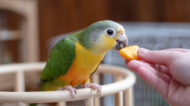 Cute and colorful caique parrot, small pet bird, shown feeding from human hand. happy bird eating piece of food shows trust and gentle bond during moment