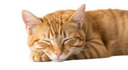 Orange tabby cat sleeping peacefully on its side, isolated on transparent background
