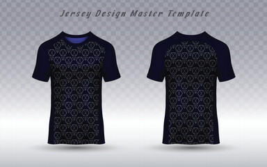 Sports jersey with dark blue baroque pattern, shown in front and back views. Raglan-style design ideal for stylish team uniforms, athletic apparel, and sublimation printing projects.