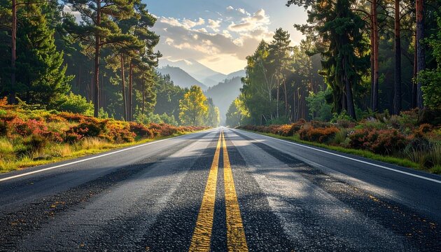 Straight forest road with yellow center lines leading to misty mountains under sunlit clouds—symbolizing journey, solitude, and the natural choreography of direction, depth, and discovery.