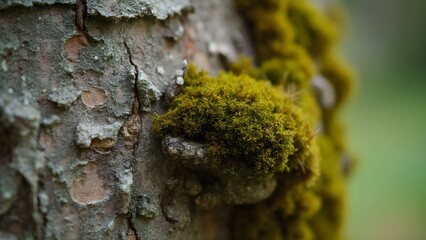 : Green moss growing on tree bark close-up