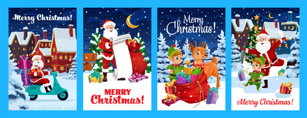 Merry Christmas and Happy New Year posters with cheerful Santa Claus, reindeer and elf characters, vector winter holidays. Cartoon Santa with little helpers and Christmas gifts, Xmas tree and red bag