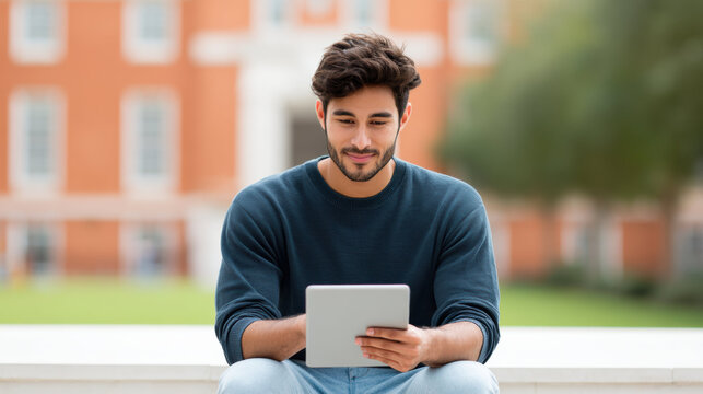 Confident young student man focused on education and learning with tablet on college campus. Using modern technology for studying outdoor, person looks calm and engaged