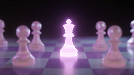 Glowing king piece on chessboard represents unique leadership strategy and power concept. Surrounded by pawn pieces, luminous figure radiates powerful light