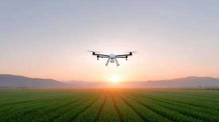 Peaceful sunrise over green field with an agricultural drone spraying crops. Smart farming technology using quadcopter for aerial surveillance and crop management