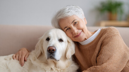 Calm and happy elderly woman smiling warmly, hugging pet dog companion. Senior person and golden retriever relaxing together on comfortable sofa in living room