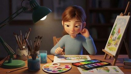 Animated girl painting with watercolors at a desk under a lamp surrounded by art supplies - Powered by Adobe