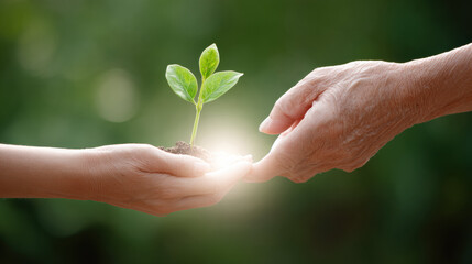 Caring senior hand gives green plant to child, hopeful symbol of growth and future legacy. concept for environment, new life, and transfer of generational wealth in nature