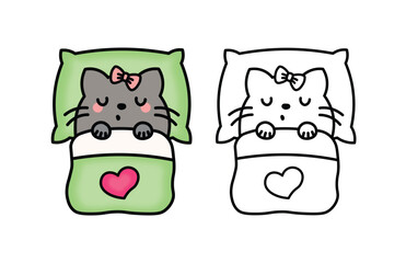 Cute Sleeping Cat, Cozy Animal vector illustration line art drawing, Cozy Sleeping Animal, Bold And Easy Animal Coloring Page, Printable Coloring, Bold Outline Illustrations, 