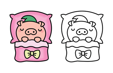 Cute Sleeping Pig, Cozy Animal vector illustration line art drawing, Cozy Sleeping Animal, Bold And Easy Animal Coloring Page, Printable Coloring, Bold Outline Illustrations, 