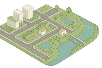 Isometric view of a modern residential community featuring apartment buildings, houses, roads, green parks, and a winding river with a bridge