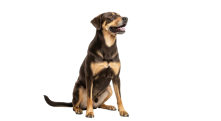 Isolated happy pet dog sitting in studio on plain backdrop looking up and panting at sky