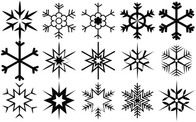 Various Black Snowflake Icon Set – Thin Line Vector Pack of Simple Winter and Christmas Snowflakes