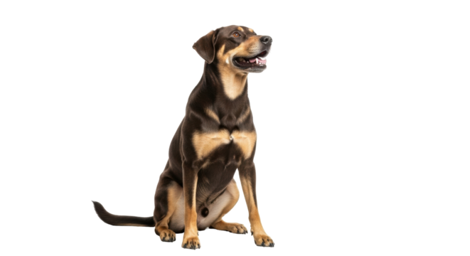 Isolated happy pet dog sitting in studio on plain backdrop looking up and panting at sky