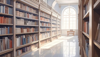 Grand library corridor with arched ceilings, tall bookshelves, and warm sunlight&mdash;evoking wisdom, serenity, and the architectural choreography of knowledge, time, and quiet pursuit.