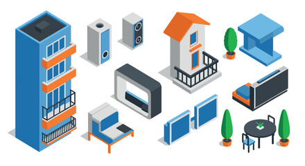 Modern isometric building and furniture set with orange and blue accents