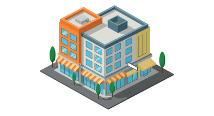 Isometric city building with trees and awnings on a sunny day
