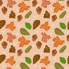 Autumn Seamless Pattern with Maple Leaves, Oak Leaves and Acorns
