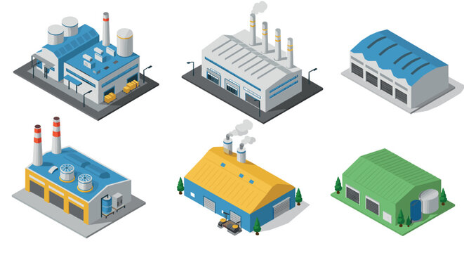 Isometric industrial building set with factories and warehouses