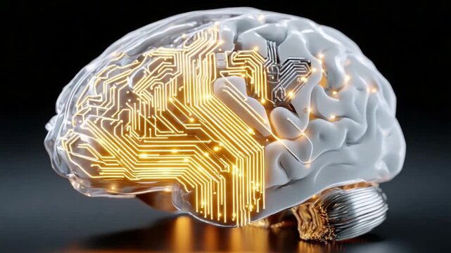 Brain Circuitry Illustration: A captivating visual merging the biological intricacy of the human brain with technological circuitry, symbolizing the fusion of intelligence and innovation.