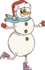 Cartoon groovy Christmas smiling snowman character with carrot nose, Santa hat, scarf and mittens, happily skating on purple ice skates on the rink. Vector retro personage embodying winter y2k spirit
