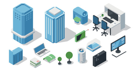 Isometric office equipment and architecture elements collection for modern design